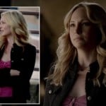 Caroline’s black tweed jacket over a pink top on Vampire Diaries