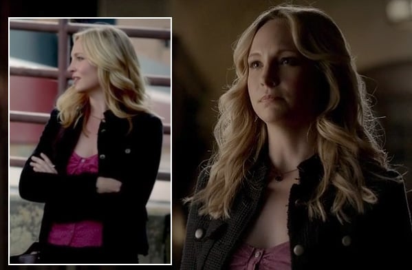 Caroline's black tweed jacket over a pink top on Vampire Diaries