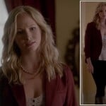 Caroline’s floral henley top and red blazer on The Vampire Diaries