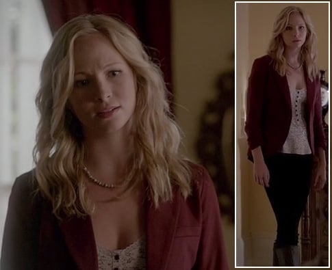 Caroline's floral henley top and red blazer on The Vampire Diaries