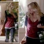 Caroline’s red top with white piping and oversized tan bag on The Vampire Diaries