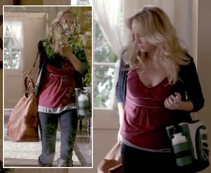 Caroline's red top with white piping and oversized tan bag on The Vampire Diaries