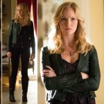 Caroline’s black leather jacket and boots on The Vampire Diaries