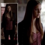 Elena’s red ruched top with piping on The Vampire Diaries