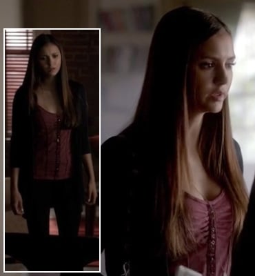 Elena’s red ruched top with piping on The Vampire Diaries