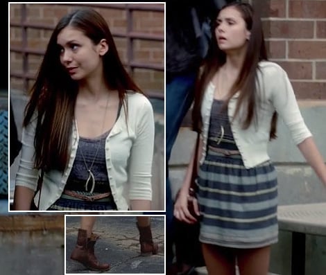 Elena’s striped skirt, combat boots and wishbone necklace on Vampire Diaries
