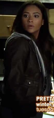 Emily's brown and grey leather hoodie on Pretty Little Liars