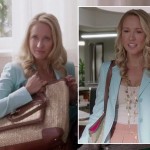 Gwen’s light blue blazer, pleated skirt and oversized straw tote bag on The Mindy Project