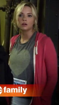 Hanna's grey heart shirt with pink hoodie on Pretty Little Liars