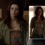Hayley’s printed top with khaki shirt and denim shorts on The Vampire Diaries