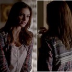 Hayley’s plaid shirt over white cami and red teardrop necklace on The Vampire Diaries