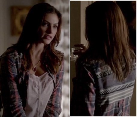 Hayley's plaid shirt over white cami and red teardrop necklace on The Vampire Diaries