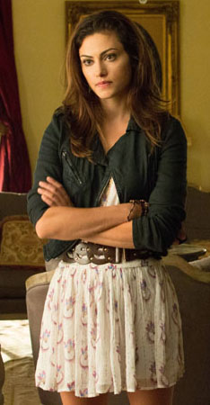 Hayley's white dress and biker jacket on The Vampire Diaries