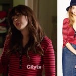 Jess’s red longsleeved shirt with navy stripes on New Girl