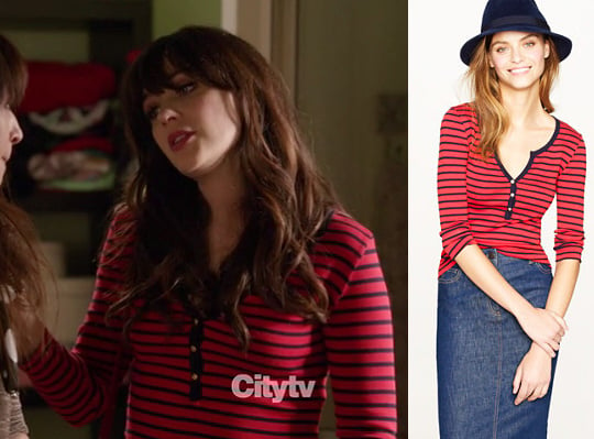 Jess’s red longsleeved shirt with navy stripes on New Girl