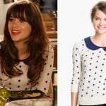 Jess’s white polka dot sweater with collar on New Girl