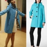 Jess’s blue coat with bow neck on New Girl