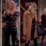 Penny’s grey and black striped cardigan and beige coat on The Big Bang Theory