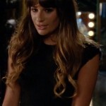 Rachel Berry’s black tweed peplum top on Glee season 4
