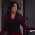 Robin’s red longsleeve top with black waistcoat on How I Met Your Mother