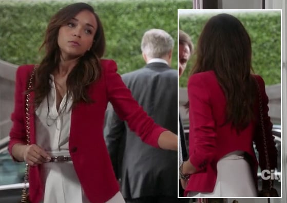 Ashley's red blazer with back cutout and white blouse and skirt on Revenge