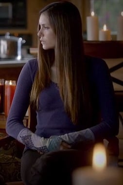 Elena's purple top with embroidered sleeves on The Vampire Diaries