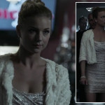 Emily’s silver glittery mini dress and white furry jacket on Revenge