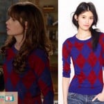 Jess’s blue and red argyle check sweater on New Girl