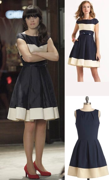 Jess's navy and white colorblock dress on New Girl