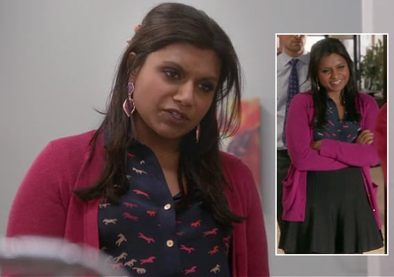 Mindy's blue and pink horse print blouse on The Mindy Project