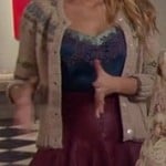 Serena’s blue cami and knit cardigan with a burgundy leather skirt on Gossip Girl