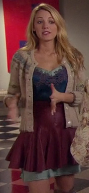 Serena's blue cami and knit cardigan with a burgundy leather skirt on Gossip Girl