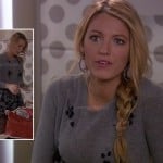 Serena’s grey sweater and skirt with pink earrings on Gossip Girl