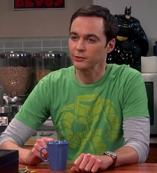 Sheldon's green 'Manbot' shirt on The Big Bang Theory