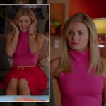 Alex’s neon hot pink top with red pleated skirt and bow belt on Happy Endings