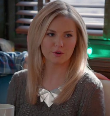 Alex’s grey cable knit sweater and silver plate/bib necklace on Happy Endings