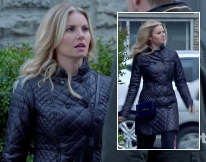 Alex's long black quilted coat on Happy Endings