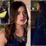 Aria’s blue lace dress and silver triangle bib necklace on Pretty Little Liars