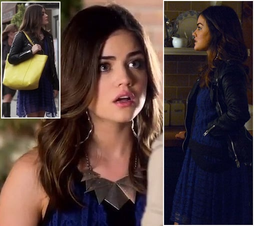 Aria's blue lace dress and silver triangle bib necklace on Pretty Little Liars