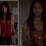 Bonnie’s long orange striped/block knit cardigan on The Vampire Diaries