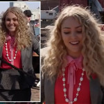 Carrie’s red and pink shirt with grey peplum skirt and blazer on The Carrie Diaries