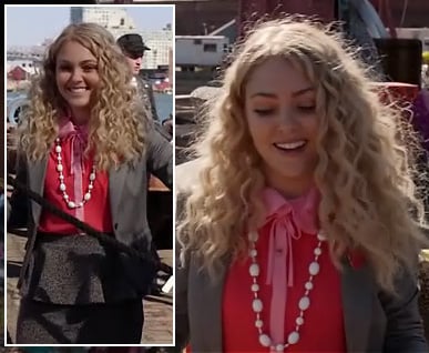 Carrie's red and pink shirt with grey peplum skirt and blazer on The Carrie Diaries