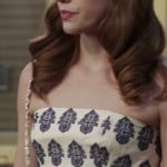 Charlotte’s white strapless dress with navy blue print on Revenge