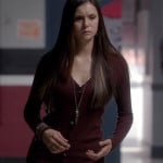 Elena’s burgundy/brown ribbed cardigan and long arrow necklace on The Vampire Diaries