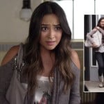 Emily’s grey cold shoulder cardigan, grey shoulder bag and boots on Pretty Little Liars