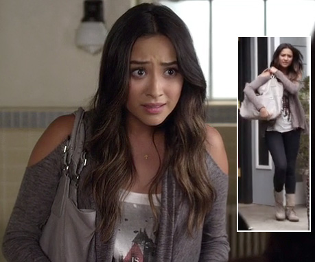 Emily’s grey cold shoulder cardigan, grey shoulder bag and boots on Pretty Little Liars