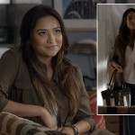 Emily’s army green shirt and black and white striped bag on Pretty Little Liars