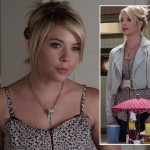 Hanna’s daisy print top with black and white belt and cropped denim jacket on Pretty Little Liars