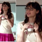 Jess’s pink skirt and white top with beads on New Girl