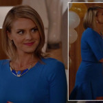 Jane’s blue flared trumpet dress and plate necklace on Happy Endings